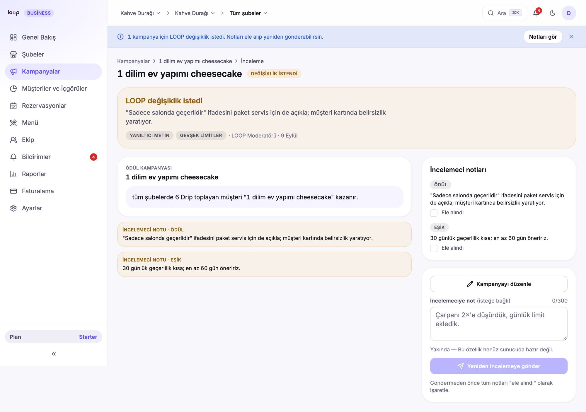 Değişiklik istendi ekranı