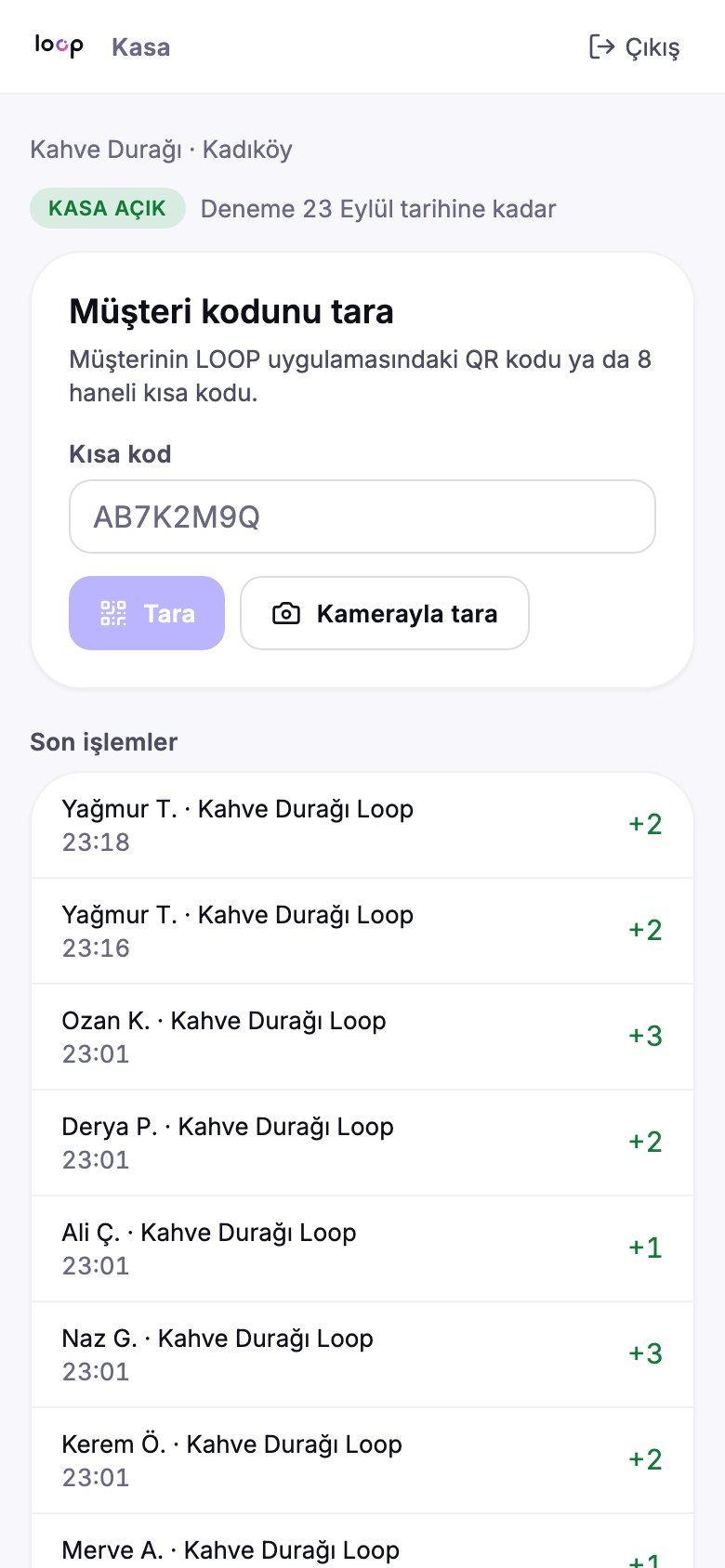 Kasa ekranı: kasiyerin müşteri kodunu okuttuğu mobil yüzey