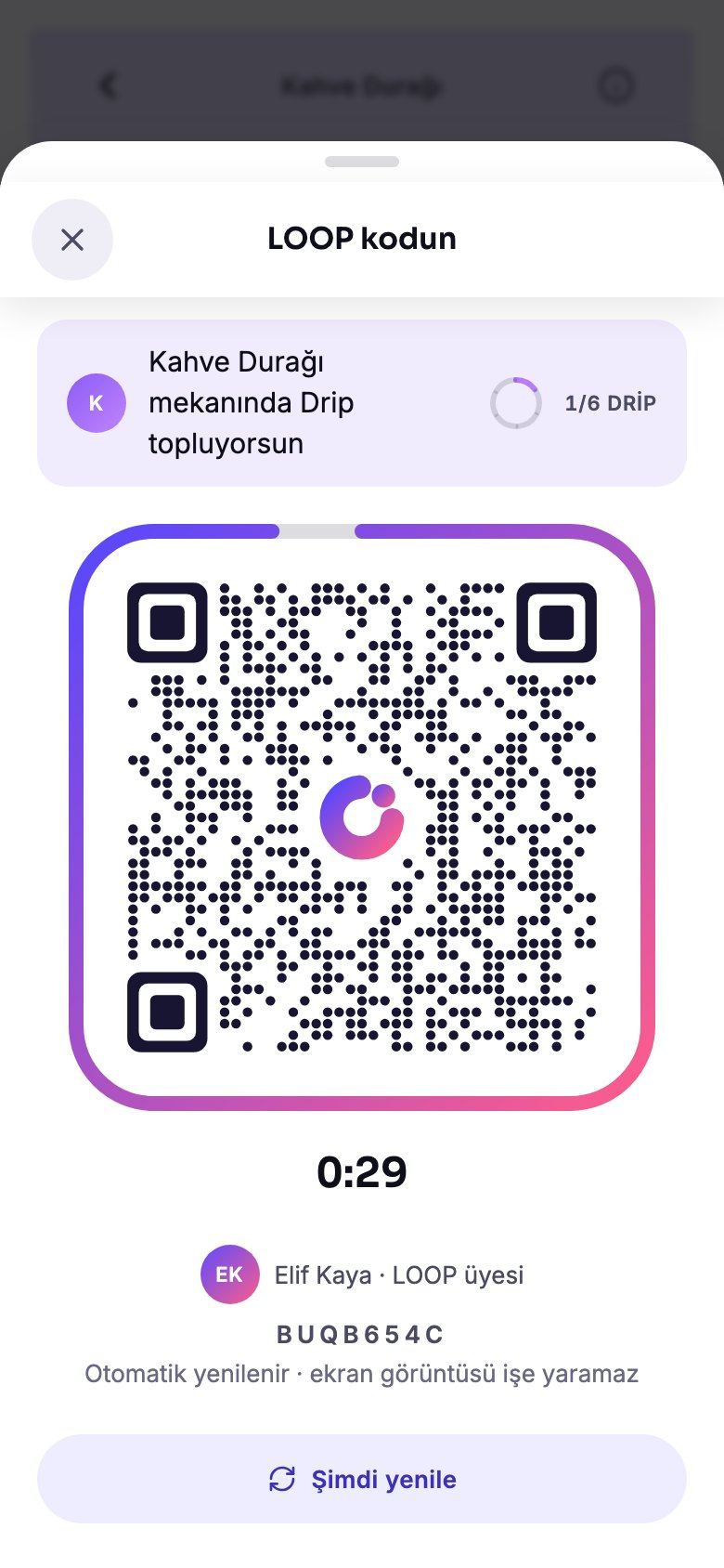Müşterinin QR ekranı
