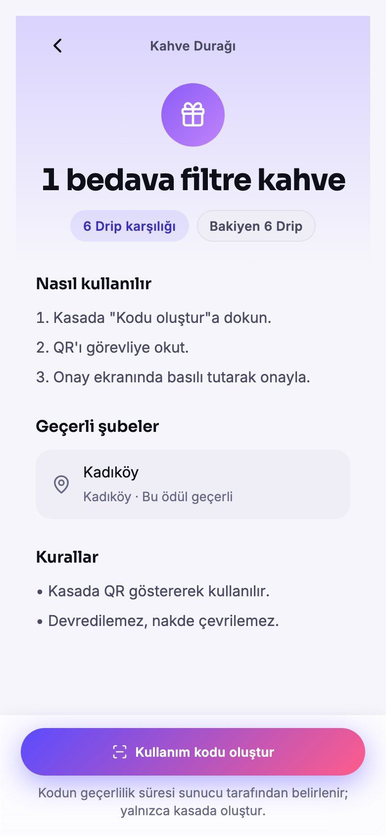 Müşterinin ödül sayfası