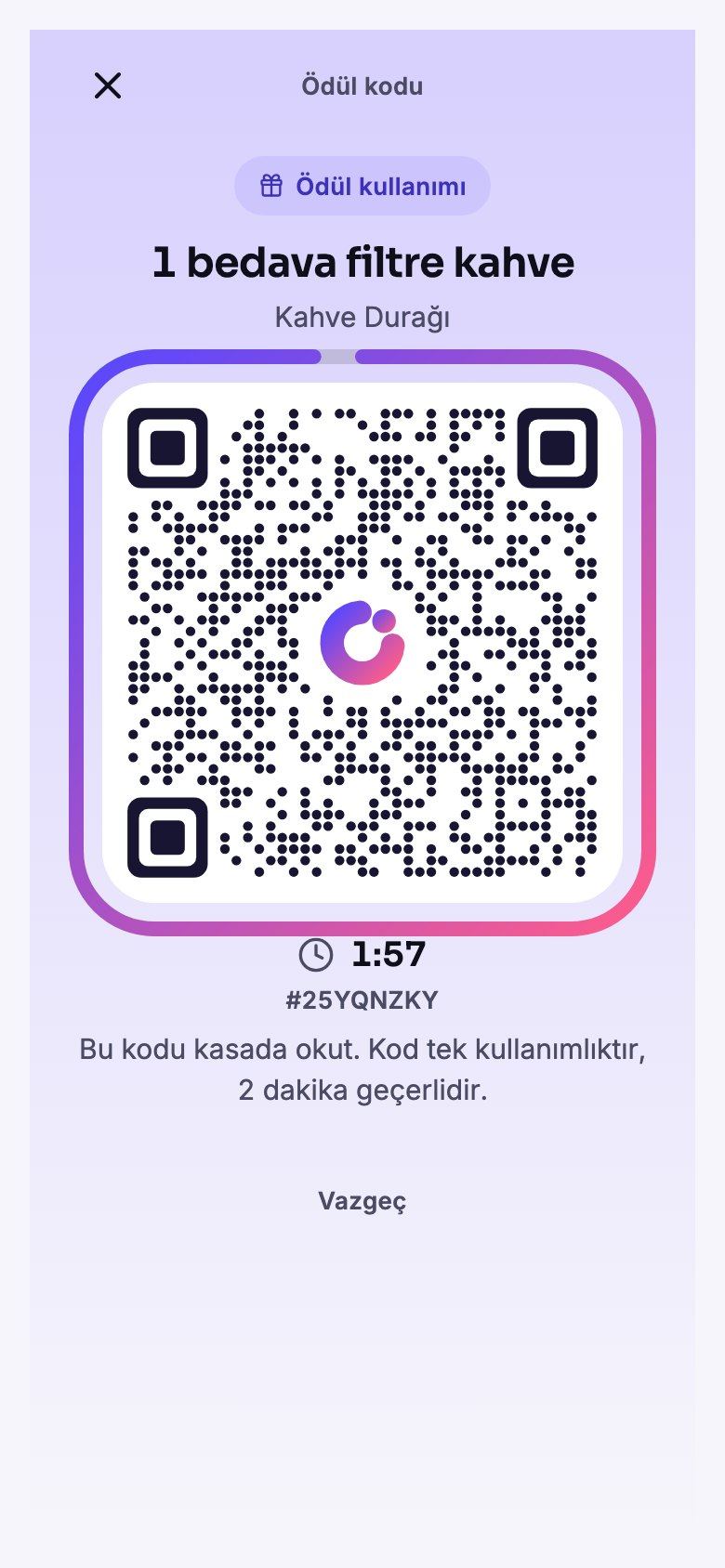 Müşterinin ödül kullanım kodu